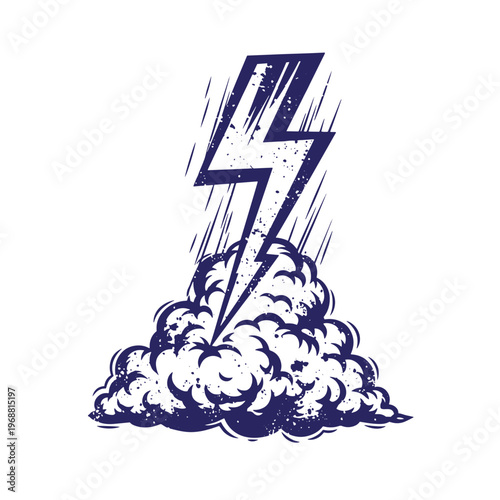 Dark blue lightning bolt striking a fluffy cumulus cloud with rain streaks and a distressed ink texture isolated on a white background