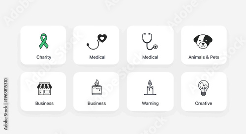 Set of Icons: Charity, Medical, Animals, Business, Warning, Creative