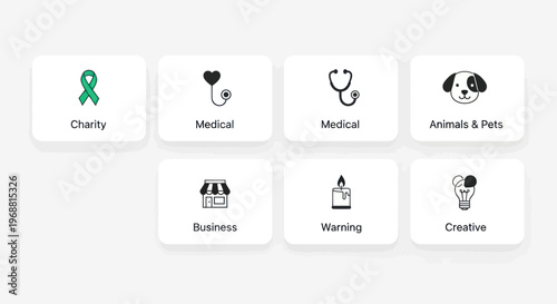Set of Icons: Charity, Medical, Business, Animals, Warning, Creative