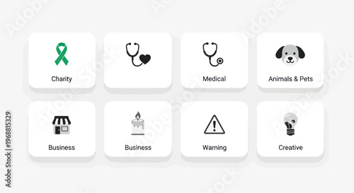 Set of Icons: Charity, Medical, Animals, Business, Warning, Creative