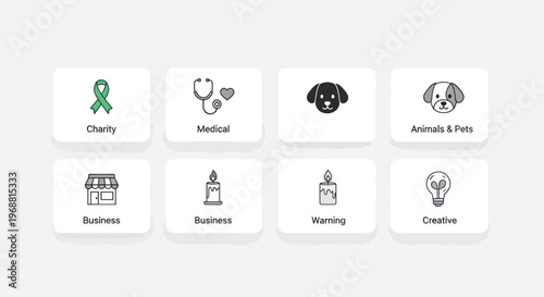 Set of Icons: Charity, Medical, Pets, Business, Warning, Creative, Candle