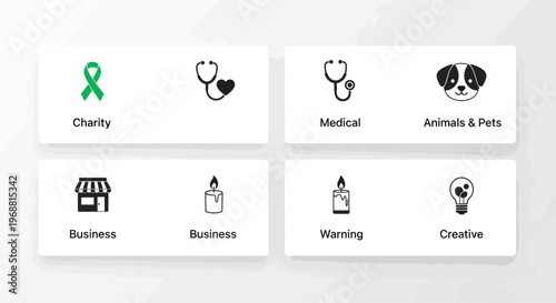 Set of Icons: Charity, Medical, Animals, Business, Warning, Creative