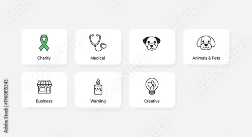 Set of Icons: Charity, Medical, Animals, Business, Warning, Creative