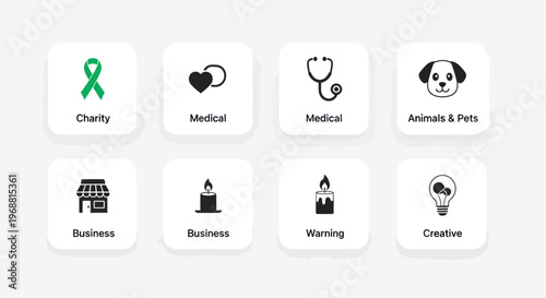 Set of Icons: Charity, Medical, Business, Animals, Warning, Creative