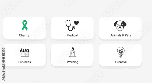 Set of Icons: Charity, Medical, Pets, Business, Warning, Creative