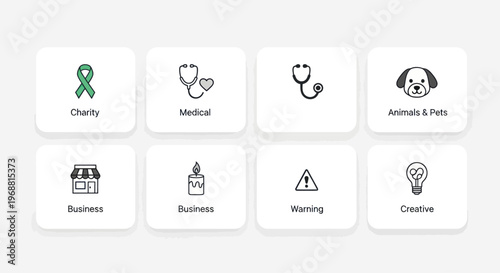 Set of Icons: Charity, Medical, Business, Animals, Warning, Creative