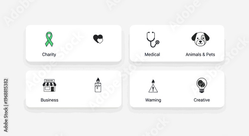 Set of Icons: Charity, Medical, Animals, Business, Warning, Creative