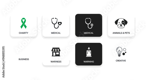 Set of Icons: Charity, Medical, Business, Animals, Warning, Creative