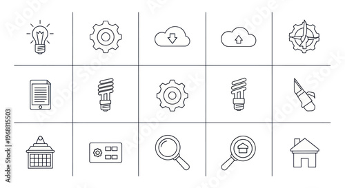 Set of Icons: Lightbulb, Gear, Cloud, Magnifying Glass, House, Safe, Tablet