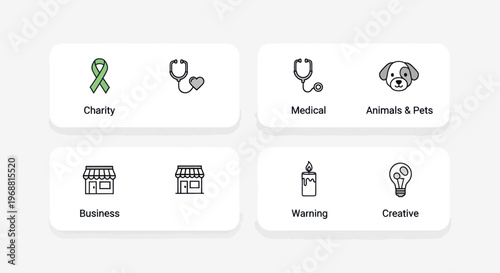 Set of icons: charity, medical, business, animals, warning, creative