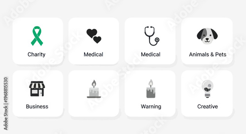 Set of Icons: Charity, Medical, Business, Pets, War, Creative Concepts