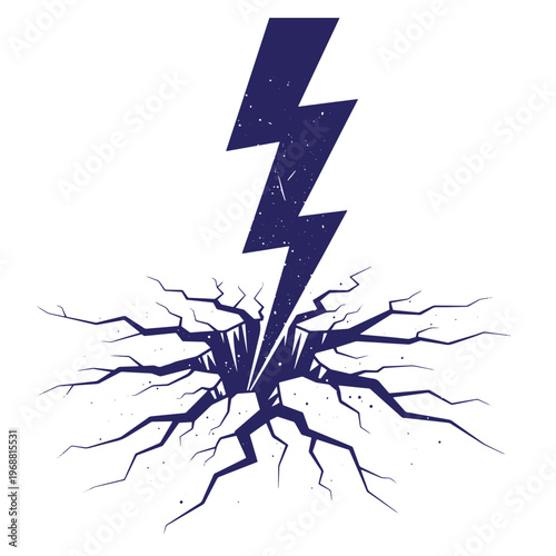 Dark blue lightning bolt striking the ground causing a deep crater with radiating cracks and fissures in a flat style on a white background
