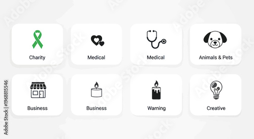 Set of Icons for Charity, Business, Medical, Pets, Warning, Creative Ideas