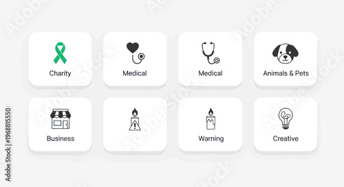 Set of Icons: Charity, Medical, Business, Pets, Warning, Creative Concepts