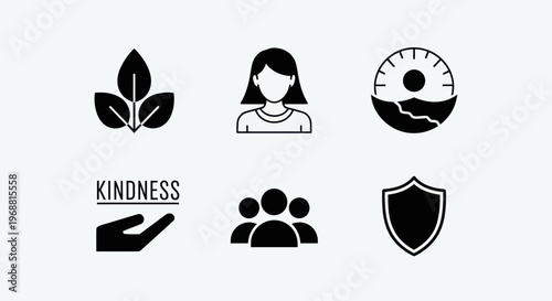 Set of Icons: Nature, Person, Sun, Kindness, Teamwork, Shield
