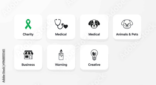 Set of icons for charity, medical, business, and creative concepts.