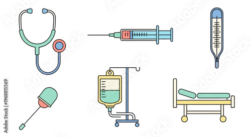 Medical Diagnostic and Treatment Tools Set with Stethoscope, Syringe, Thermometer, IV Drip, and Hospital Bed on Isolated White Background