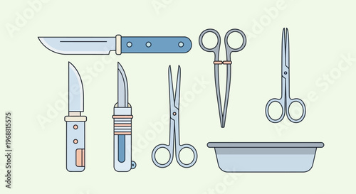 Set of Surgical Instruments with Scalpels, Scissors, Forceps, and a Sterile Surgical Tray on Isolated White Background