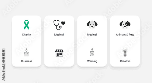 Set of Icons for Charity, Medical, Business, Animals & Pets, and Creative Concepts