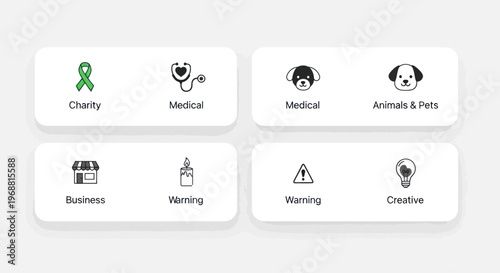 Set of icons: Charity, Medical, Business, Warning, Creative, Animals & Pets