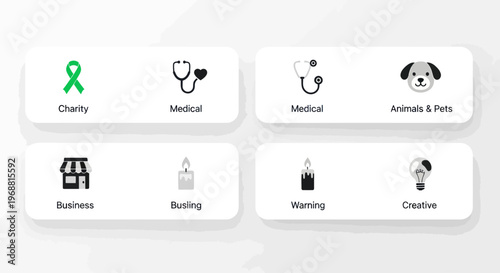 Set of Icons for Charity, Medical, Business, Animals, and Creative Ideas