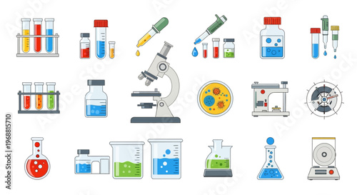 Comprehensive collection of laboratory equipment featuring test tubes, microscope, flasks, and petri dish for scientific research on an isolated white background.