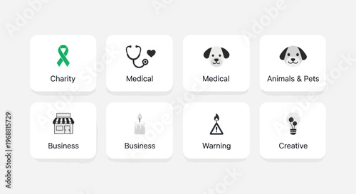 Set of Icons for Charity, Medical, Business, Animals, Warning, Creative