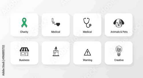 Set of Icons for Charity, Medical, Business, Pets, Warning, and Creativity