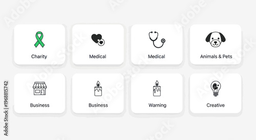 Set of icons for charity, medical, business, pets, and creative ideas