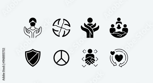 Set of Icons for Charity, Support, Peace, Security, and Community