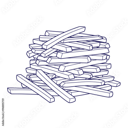 A large heap of stacked french fries illustrated with simple dark blue outlines on a white background representing a pile of salty potato strips