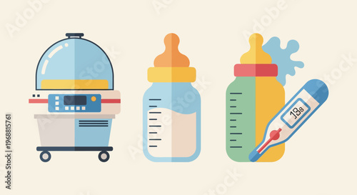 Essential baby feeding and care items, including sterilizer, baby bottles, and thermometer, in a bright studio.