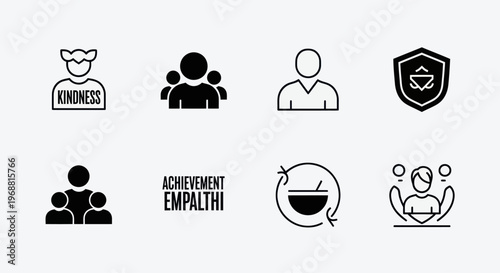 Set of icons representing kindness, empathy, teamwork, achievement, and community support.