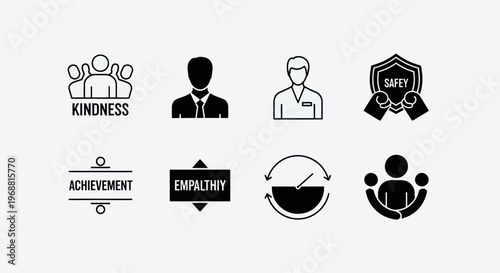 Set of Icons Representing Business Concepts: Kindness, Achievement, Empathy, Safety
