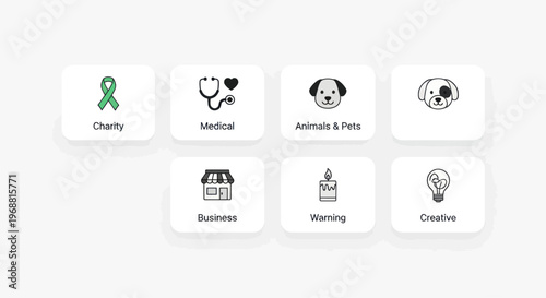 Set of Icons for Health, Business, Animals, and Ideas