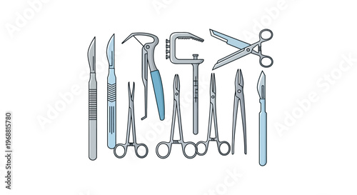 Collection of specialized surgical instruments for precision operations including various scalpels, forceps, and clamps on an isolated white background.