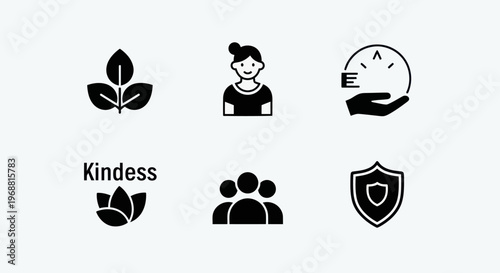 Set of Icons Representing Kindness, Growth, People, Protection, and Values