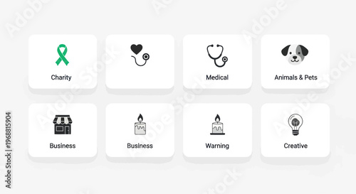Set of Icons Representing Charity, Medical, Business, Animals, and Creativity