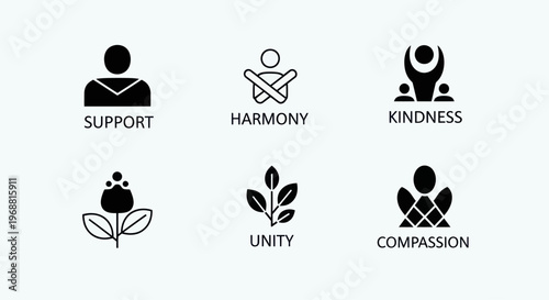 Set of Icons Representing Social Values: Support, Harmony, Kindness, Unity, Compassion