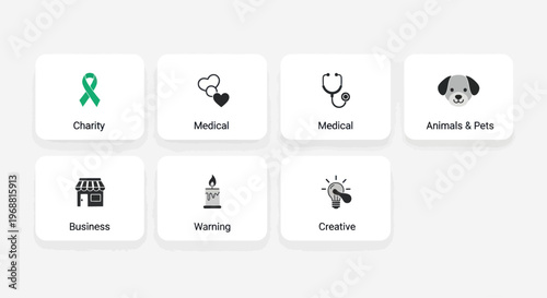 Set of icons representing charity, medical, business, and creative concepts