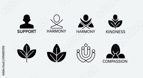 Set of Icons Representing Support, Harmony, Kindness, and Compassion