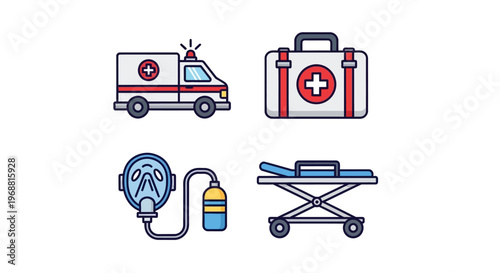 Emergency medical services items including an ambulance, first aid kit, oxygen mask, and patient gurney for rapid response in a bright studio.