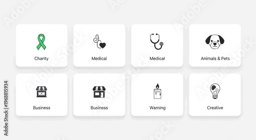 Set of Icons Representing Charity, Medical, Business, Animals, Warning, and Creative Concepts