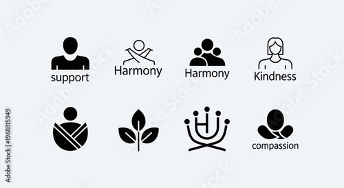 Set of Icons Representing Support, Harmony, Kindness, and Compassion