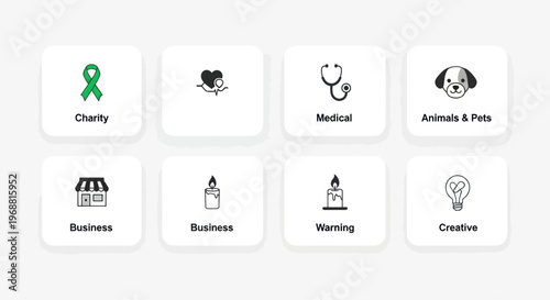 Set of Icons: Charity, Medical, Pets, Business, Candle, Creative Ideas