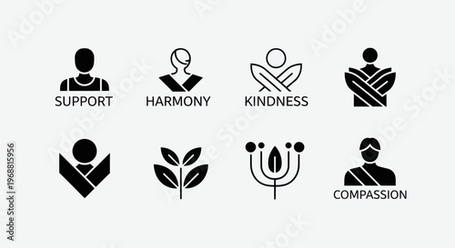 Set of icons representing support, harmony, kindness, and compassion for human well-being