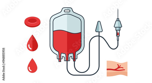 Blood donation and transfusion items depicting a blood bag, IV stand, and arm with needle for life-saving procedures in a bright studio.