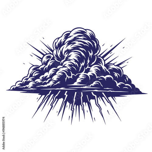 Dark blue of a billowing storm cloud with radiating light beams and jagged lightning bolts emerging from the bottom isolated on a white background