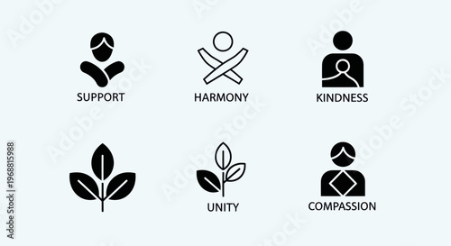 Set of Icons Representing Support, Harmony, Kindness, Unity, and Compassion