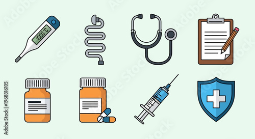 Healthcare and medical diagnostic items including a thermometer, stethoscope, pills, syringe, and clipboard in a bright studio.
